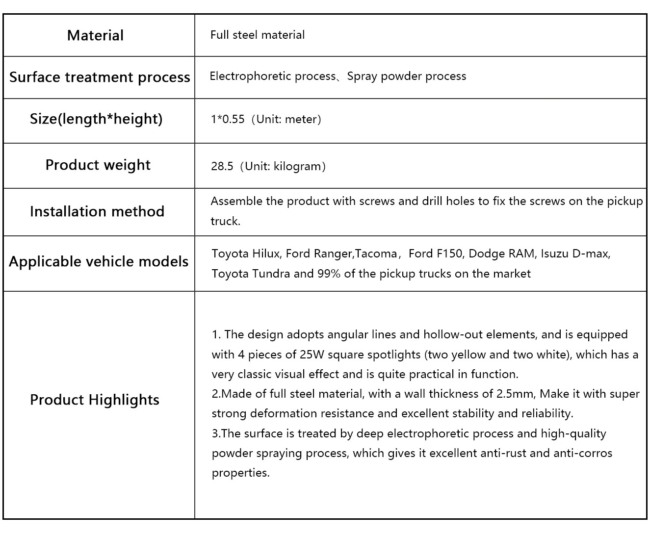 The parameters of pickup truck roll bar-with lights