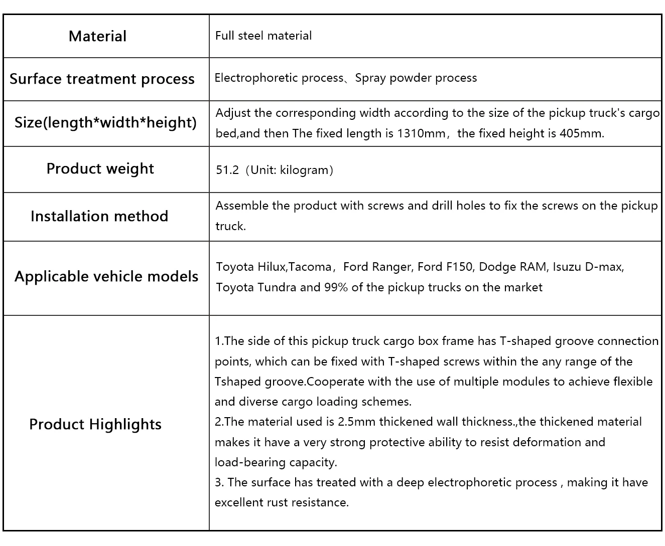 The parameters of pickup truck bed rack-mid size