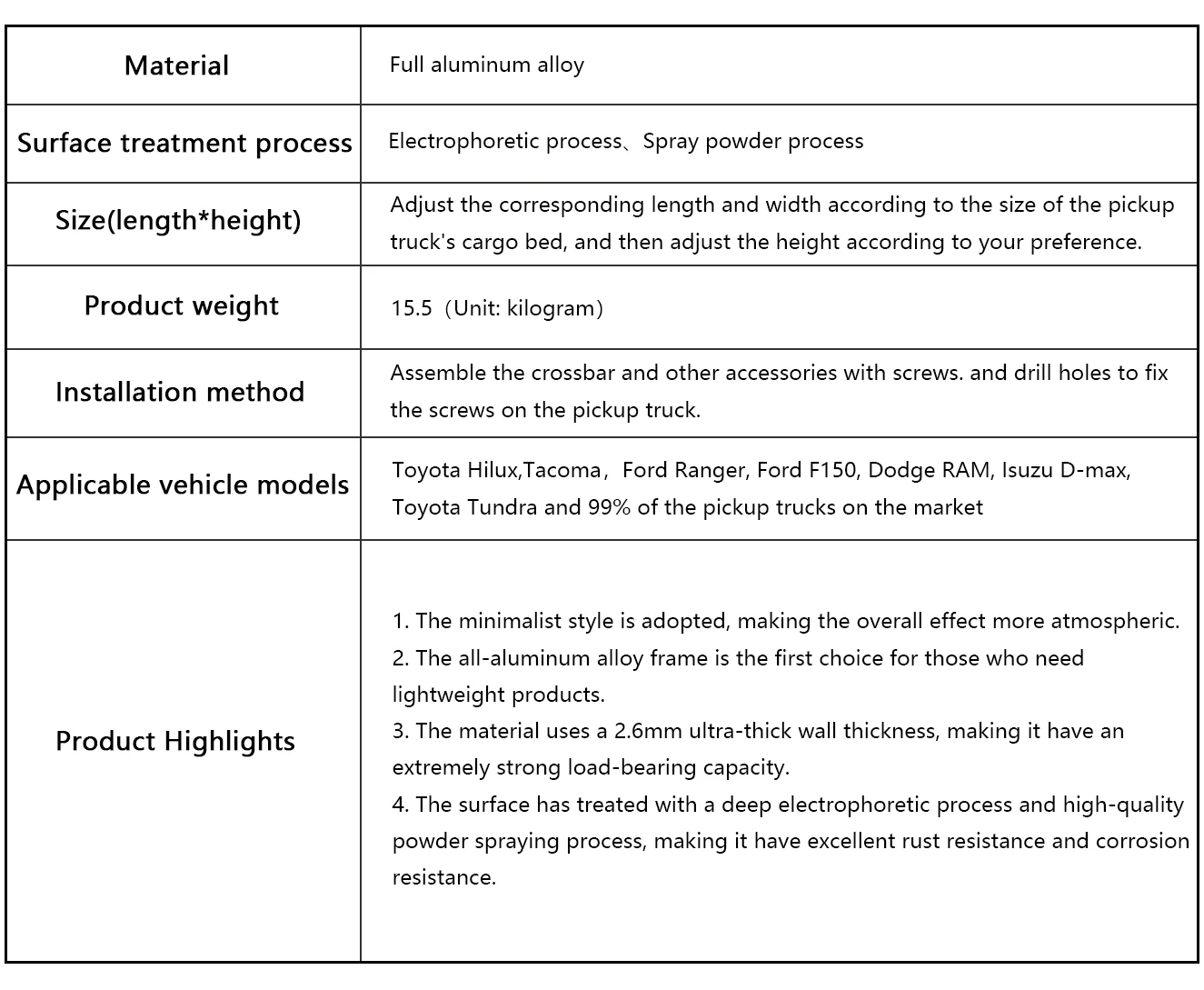 The parameters of pickup truck bed rack