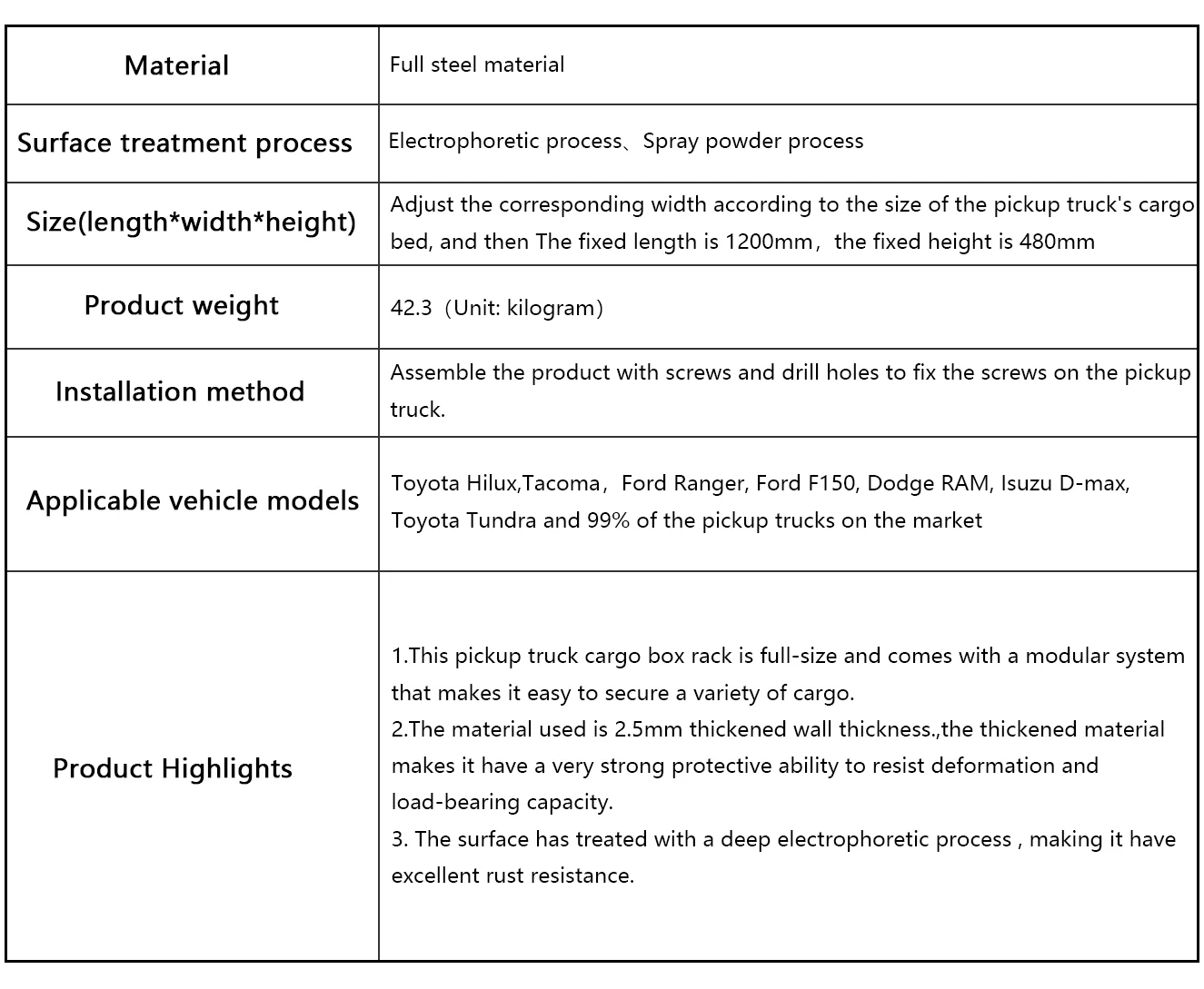 The parameters of pickup truck bed rack-high size