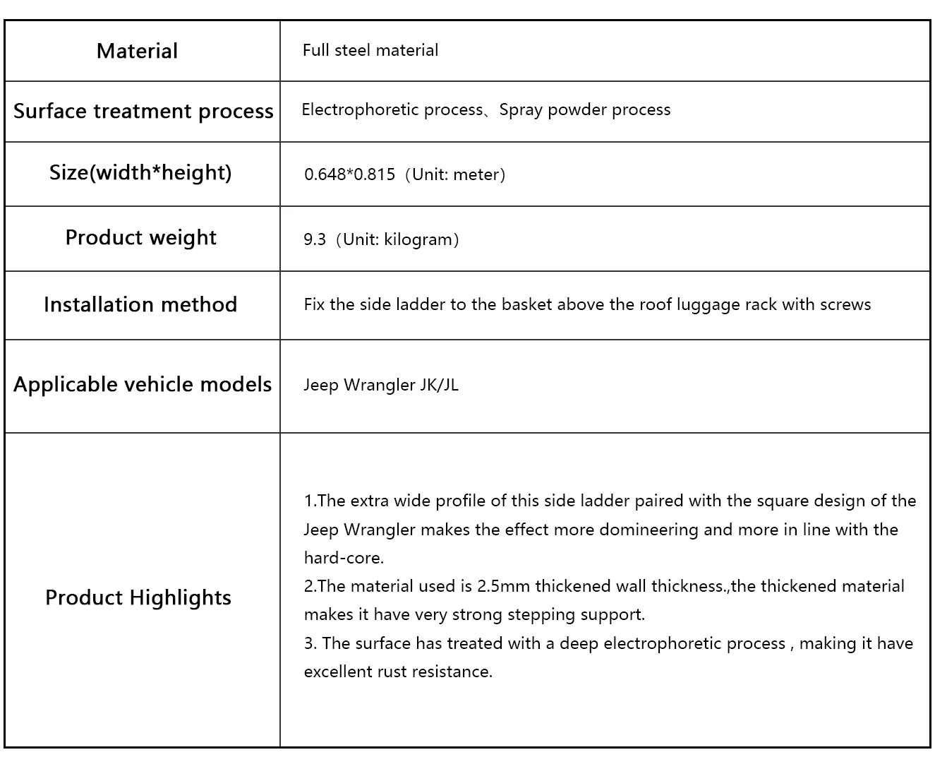 The parameters of the side ladder of Jeep Wrangler